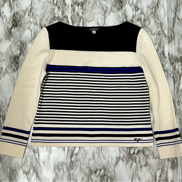St John Sport Marie Gray Women’s Sz L Boatneck Striped Sweater Cream And Navy - Picture 4 of 11